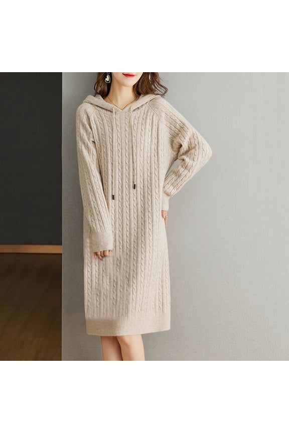 Women dresses Sweater Winter Dresses Knit Dress Petticoat Hooded Beige Long Sleeve Spring Skirts for Women,Free Size