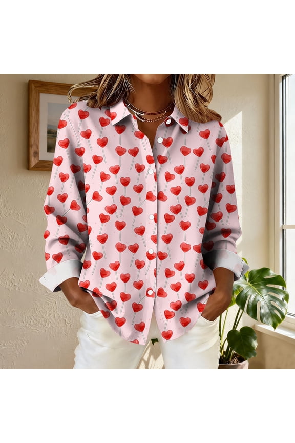 Women's Blouses Blouse Love Heart Valentine T Shirts Long Sleeve Red Collared Plus Size Christmas Shirts