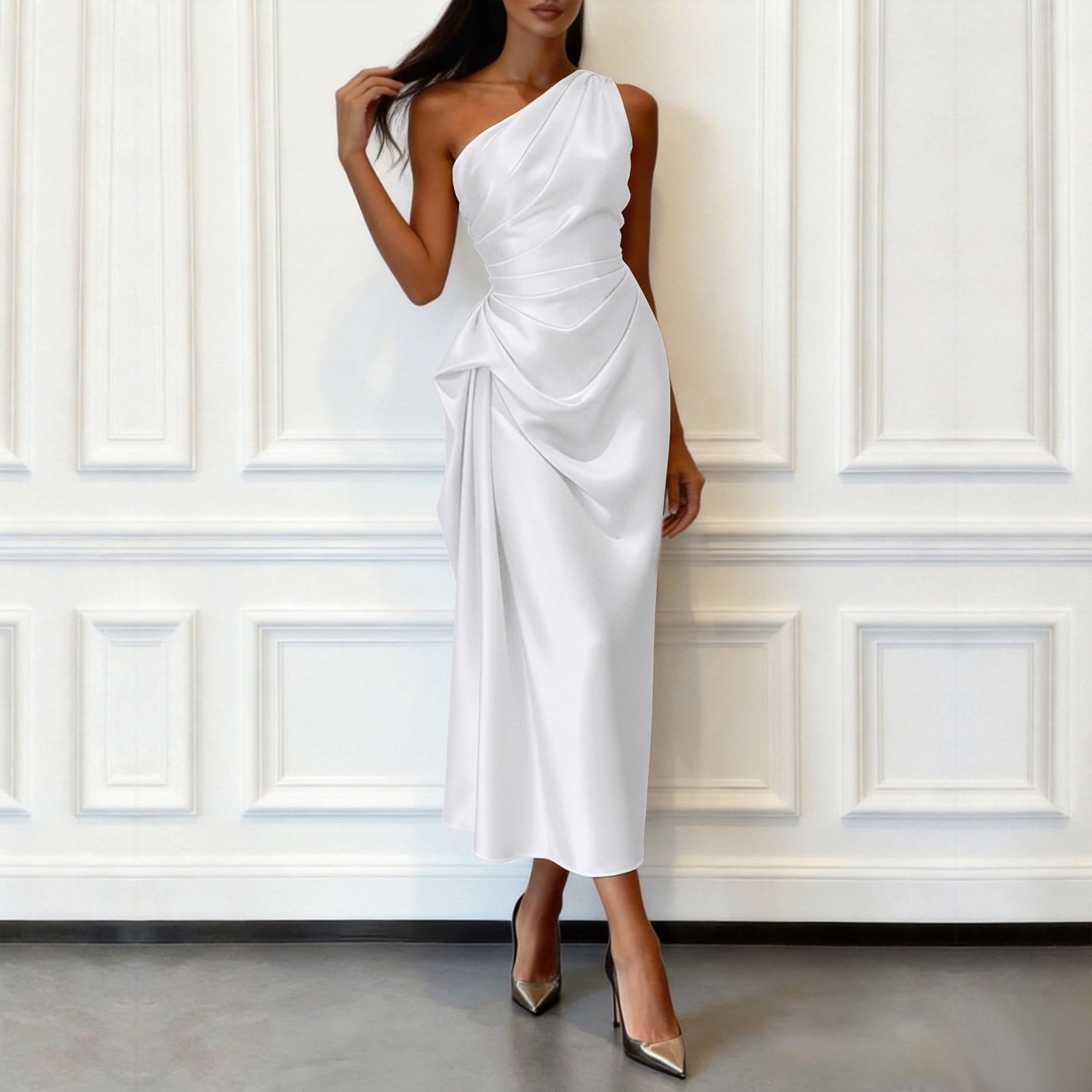Blmnix Women's Dresses Fit & Flare Satin Dress One Shoulder Dresses White  Cocktail-Length Sleeveless Boat Neck Wrinkle-Resistant Casual Summer Dress,XL  - Walmart.com