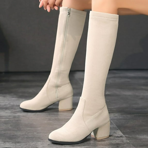 Blmnix Women's Knee-High Boots Chunky Heel Beige Fall Boots for Women