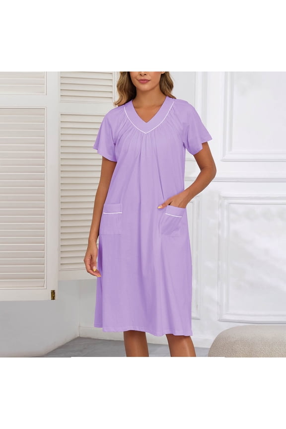 Women's Nightgowns Moomoo Cotton Sleep Dress V-Neck Purple Short Sleeve Oversized Sleep Dress
