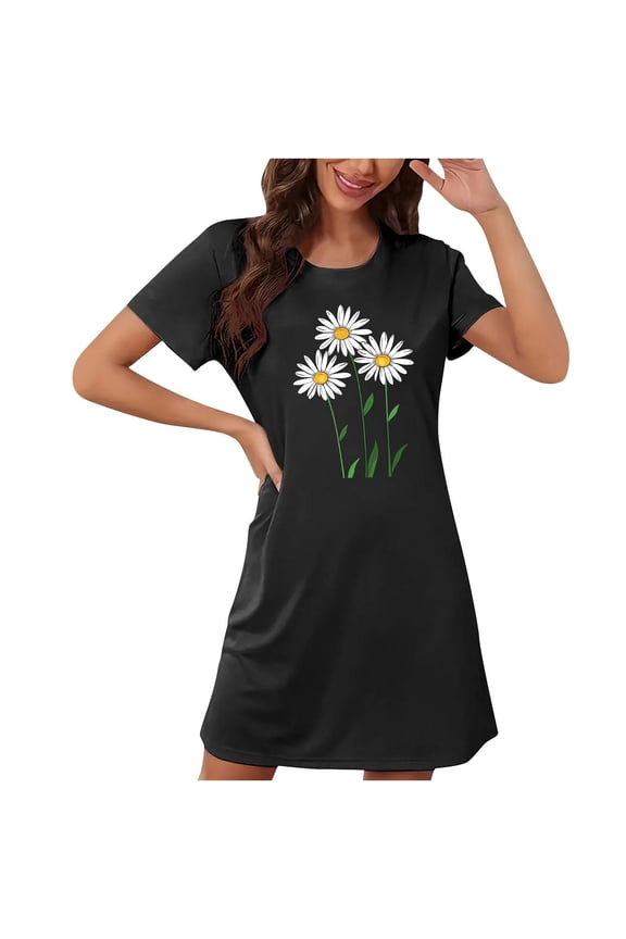 Women's Nightgowns Moomoo Loungewear Crew Neck Short Sleeve Black Sleep Dress