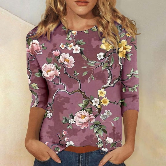 Blmnix Women's Novelty Tops & Tees Fashion Clothing Wine Floral Loungewear Plus Size Tops 3/4 Sleeve Crew Neck Blouses