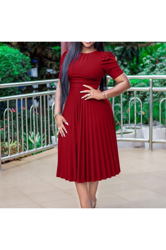 Women's Plus Size Dresses Tea-Length Pleated Fit & Flare Business Work Short Sleeve Fashion Crew Neck Dresses