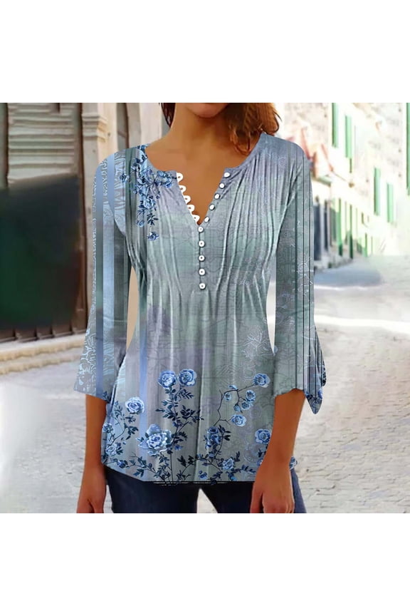 Women’s T Shirts Floral Tunic Blue Gathered Waist Graphic Tees for Women Y2k 3/4 Sleeve V-Neck S Tops