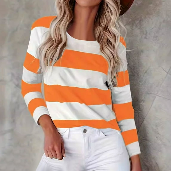 Blmnix Women's Workout Tops Orange Striped Travel Women's Graphic Tees Crew Neck Relaxed Long Sleeve Tops