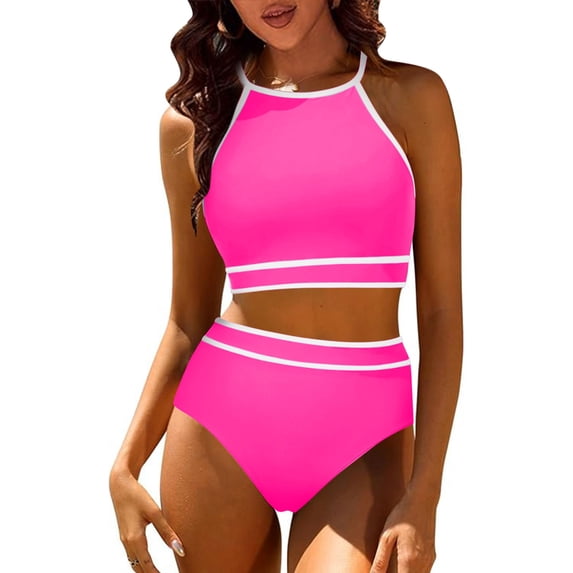 Blmnix Womens Bathing Suit High Waisted Swimsuits Set Tankini Swimsuits Swimsuit Crew Neck Pink Bathing Suit Tops for Women,L