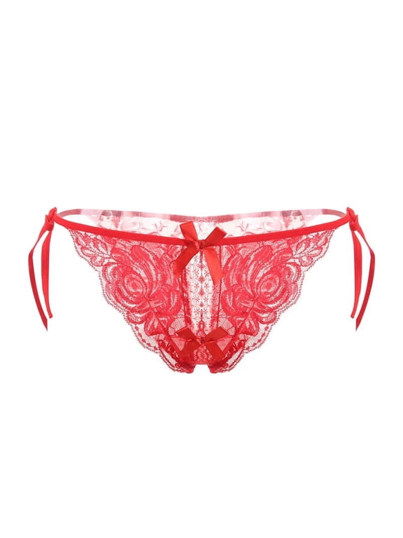 Womens Briefs Underwear Lace Thong Crotchless Panties Thong Panties Red Ventilated Tight String Bow Plus Size Panties,Free Size