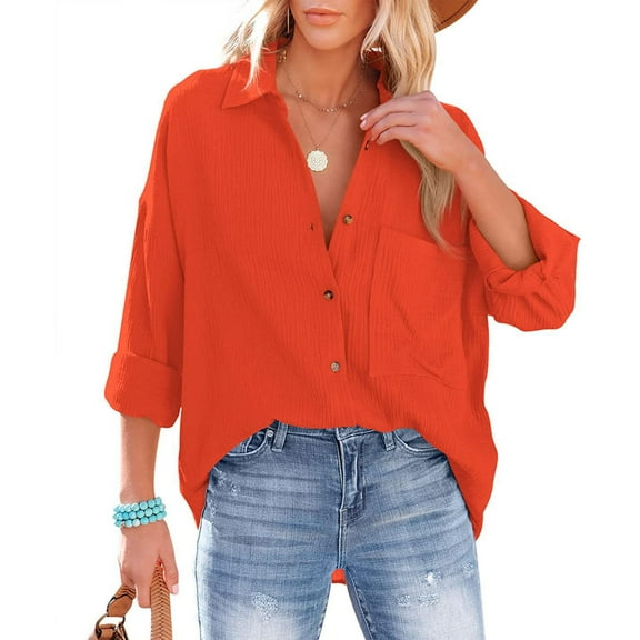 Blmnix Womens Business Casual Tops Roll Up Baggy Womens Plus Size Shirts V-Neck Long Sleeve Blouses