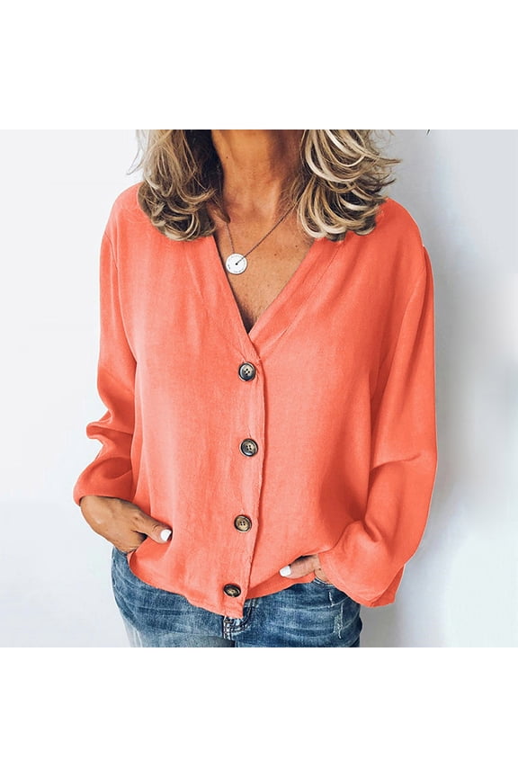 Womens Button Down Shirts Baggy Solid Color Orange Beach Tops V-Neck Long Sleeve Blouses
