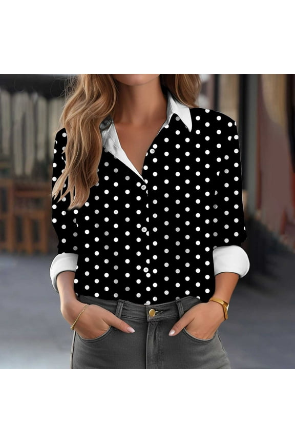 Womens Button Down Shirts Black Polka Dot Wrinkle Free Ladies Fall Tops Long Sleeve V-Neck Shirts