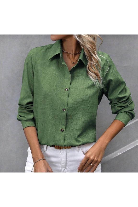 Womens Button Up Shirts Solid Color Textured Green T Shirts Long Sleeve V-Neck Blouses