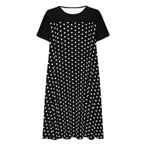 Blmnix Womens Dress Nightgown House Dress Shift Polka Dot Dress Under Dresses Mid-Length Crew Neck Short Sleeve Black Casual Dresses for Women,L