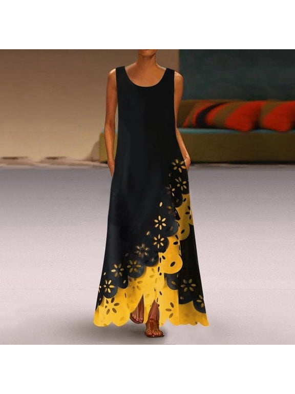 Womens Dress Tank Plus Size Dresses for Curvy Boho Long Summer Dresses Dresses Orange Sleeveless Crew Neck Maxi Womens Summer Dresses,XXXXL