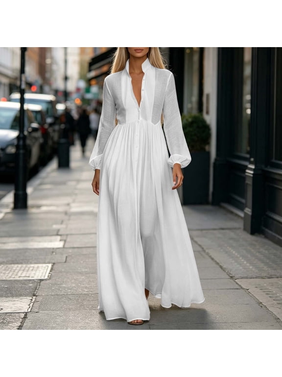 Womens Dresses Flowy Dresses Fit & Flare Button Down Dresses Maxi Henley Long Sleeve White Adjustable Cuff Ladies Summer Dresses,XL