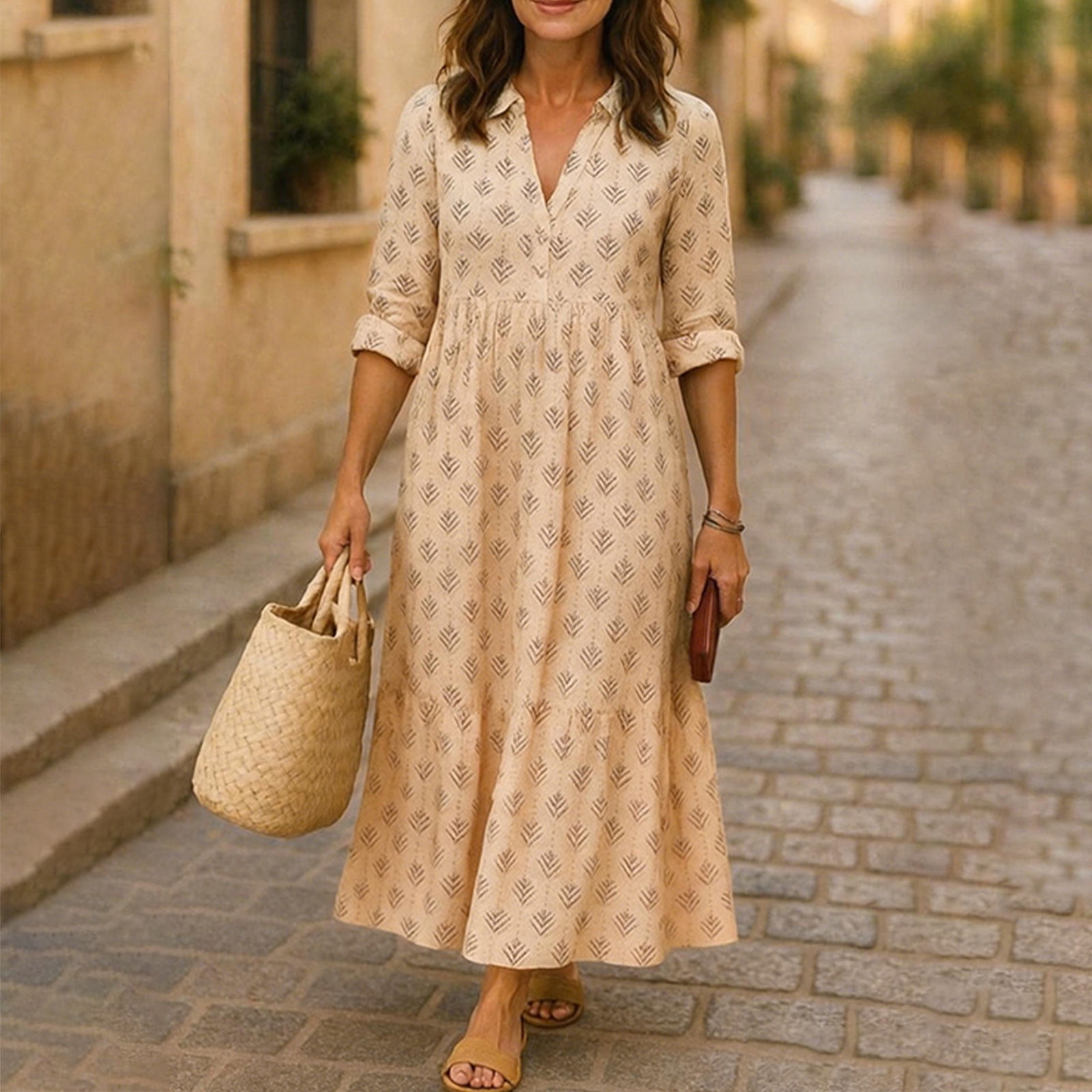 fit and flare spring dresses spring dress with sleeves Brown Warm Cotton Waffle Fit and Flare Balloon  Sleeves Maxi Dress 60" / Custom Height (Free)