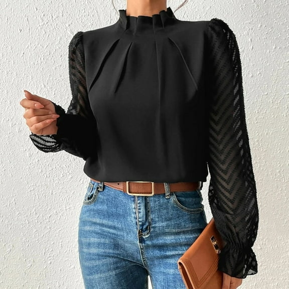 Blmnix Womens Flowy Tops Black Blouse Lace Pleated Long Sleeve High Neck Solid Casual Tops