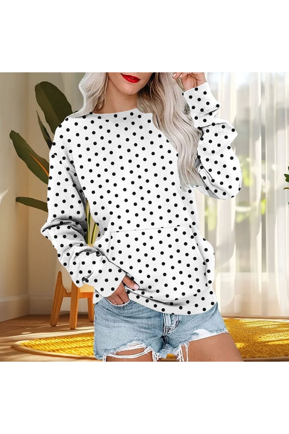 Womens Hoodie White Polka Dot Cute Womens Dressy Tops and Blouses Crew Neck Pullover Long Sleeve Tops