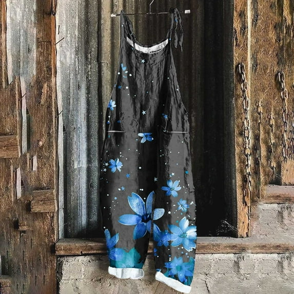 Blmnix Womens Jumpsuits Casual Flower Blue Bib Summer Pants Stretch Long Wide-Leg Palazzo Trousers