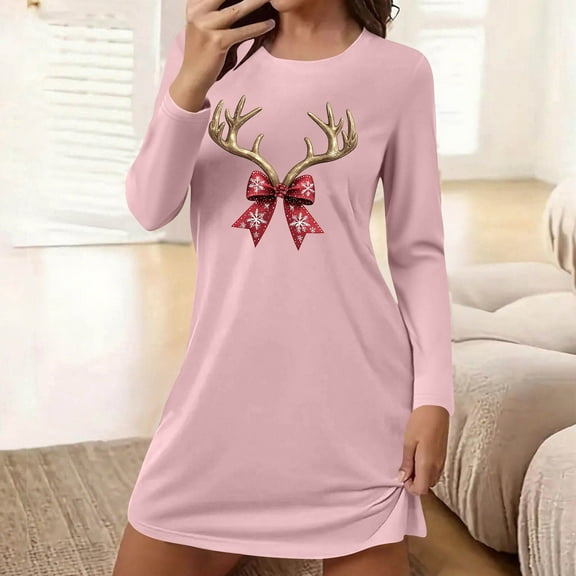 Blmnix Womens Nightgown Christmas Long Sleeve Moomoo Sleep Dress Crew Neck Oversized Pink Sleep Dress