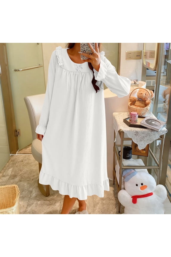 Womens Nightgown Long Sleeve Mumu House Dress Crew Neck Beige Sleep Dress