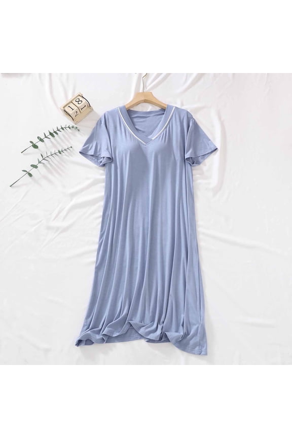 Womens Nightgown Mumu Loungewear Short Sleeve Blue V-Neck Sleep Dress