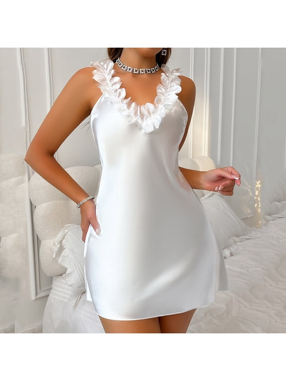 Womens Nightgown Mumu Sleep Dress White V-Neck Sleeveless Sleep Dress
