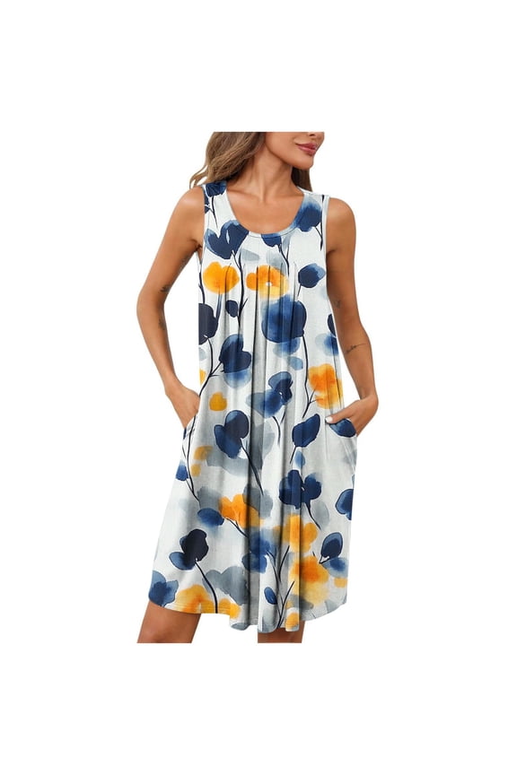 Womens Nightgown Vintage Nightgown Cotton Nightgowns Sleep Tanks Night Shirts Knee Length Sleeveless Blue Crew Neck Nightgowns for Women Plus Size,L