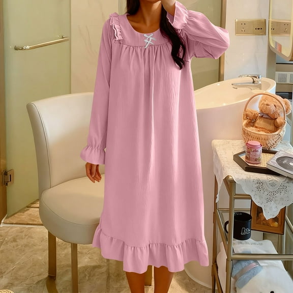 Blmnix Womens Nightgowns Moomoo Long Sleeve Nightdress Pink Crew Neck Sleep Dress