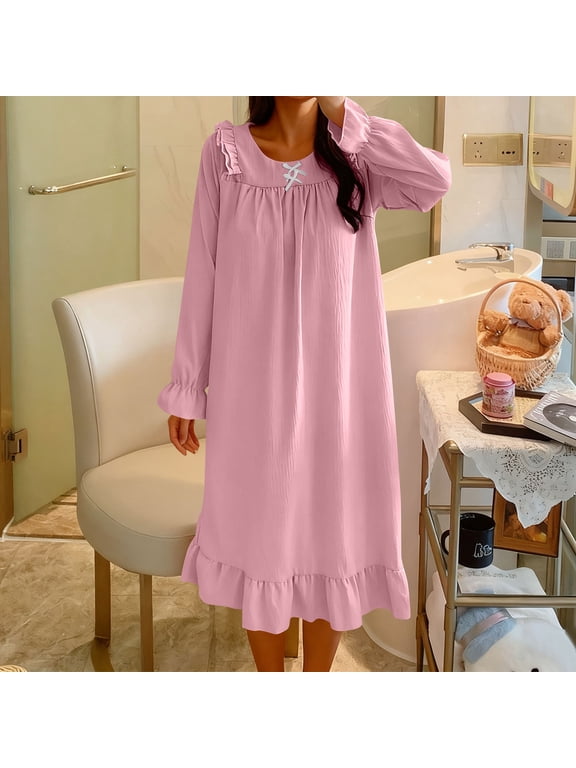 Womens Nightgowns Moomoo Long Sleeve Nightdress Pink Crew Neck Sleep Dress