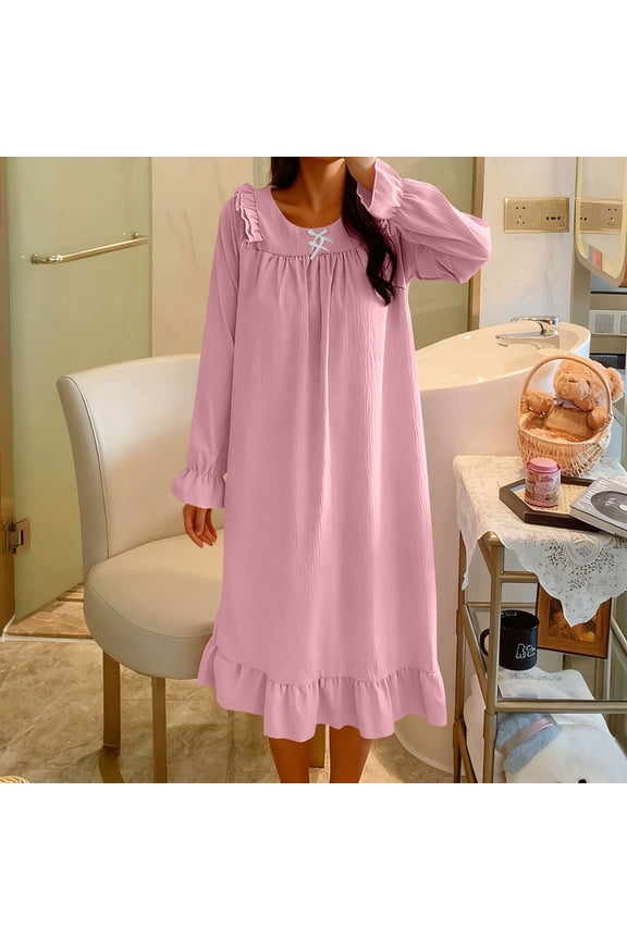 Womens Nightgowns Moomoo Long Sleeve Nightdress Pink Crew Neck Sleep Dress