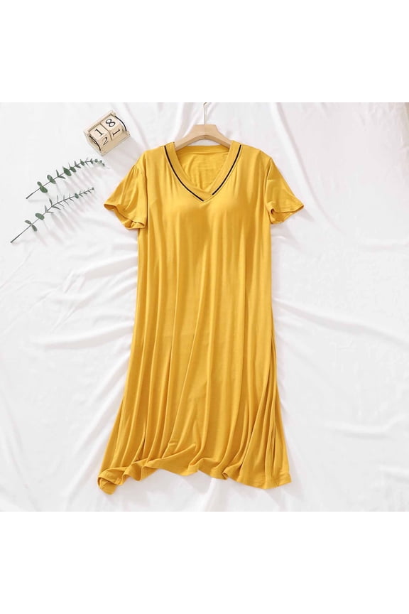 Womens Nightgowns Moomoo Sleep Dress V-Neck Short Sleeve Yellow Sleep Dress