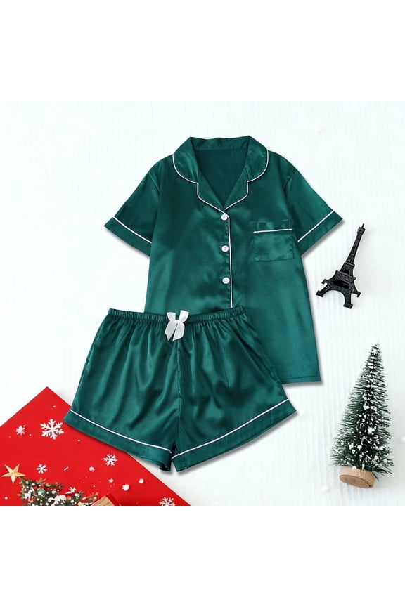 Womens Pajama Sets Button Up Sleepwear Sets Satin Pajama Shirts Green Collared Short Sleeve Wide-Leg Short Ladies Pajamas Sets,M