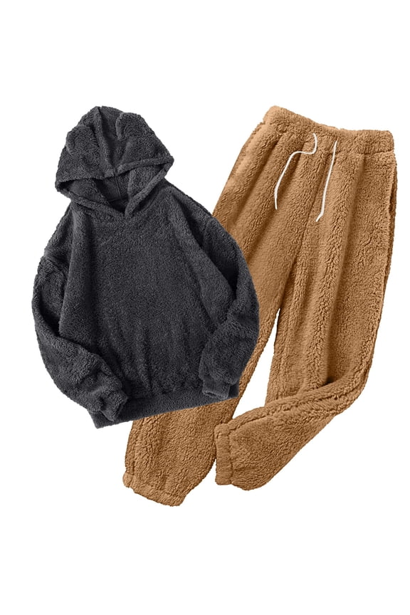 Womens Pajama Sets Winter Pajamas Sleepwear Sets Fleece Pajamas Sleepwear Hooded Full Long Sleeve Yellow Taper Womens Pajama Set,S