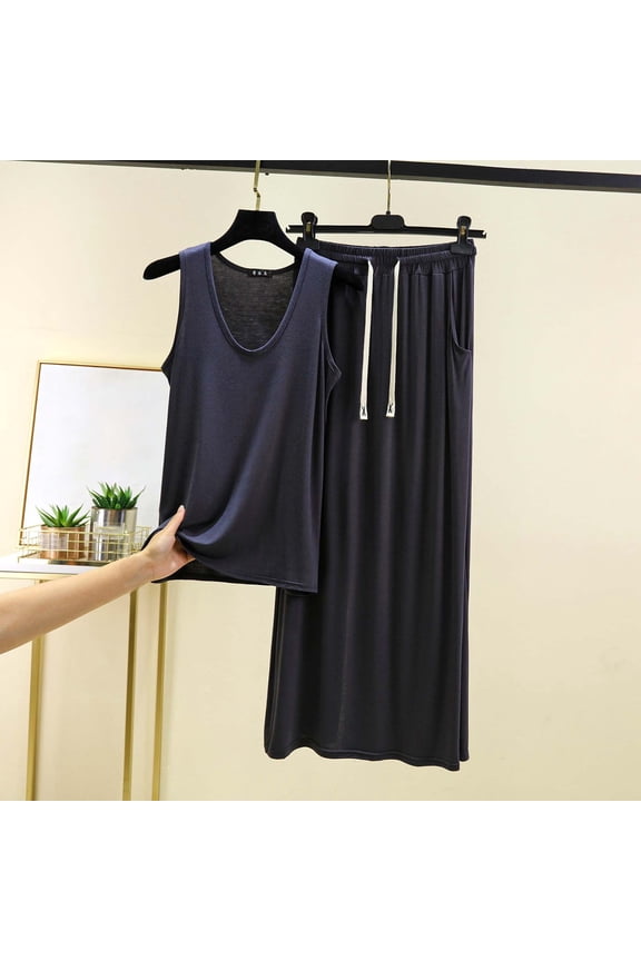 Womens Pajamas Modal Pajamas Bamboo Pajamas Sleepwear Sets Pants Sleeveless Gray Wide-Leg Crew Neck Full Womens Pjs,M