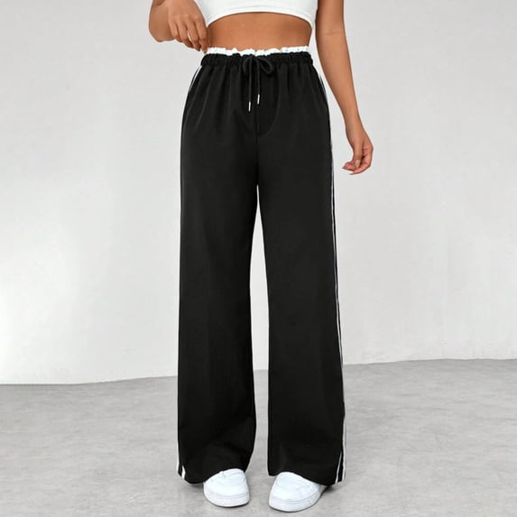 Blmnix Womens Pants Petite Pants Baggy Sweatpants Pleated Leggings High Full Black Flare-Leg Loose Pants for Women,L
