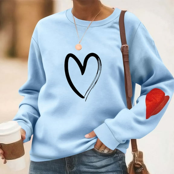 Blmnix Womens Plus Size Sweatshirts Workout Light Blue Love Heart Pullover Ladies Tops and Blouses Workwear Long Sleeve Crew Neck Tops