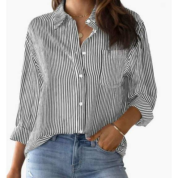Blmnix Womens Polo Shirts Pinstripe Workwear Women's Business Casual Blouses V-Neck Long Sleeve Blouses