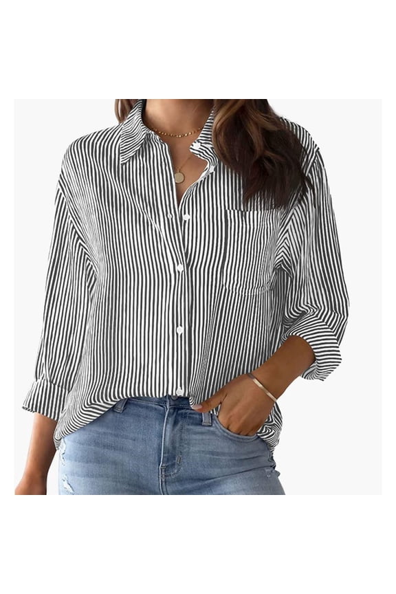 Womens Polo Shirts Pinstripe Workwear Women's Business Casual Blouses V-Neck Long Sleeve Blouses