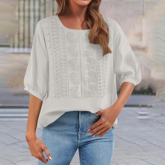 Blmnix Womens Shirts Hawaiian Pullover Western Vintage Top Crew Neck White Elbow-Length Tops for Women Trendy Summer,XL