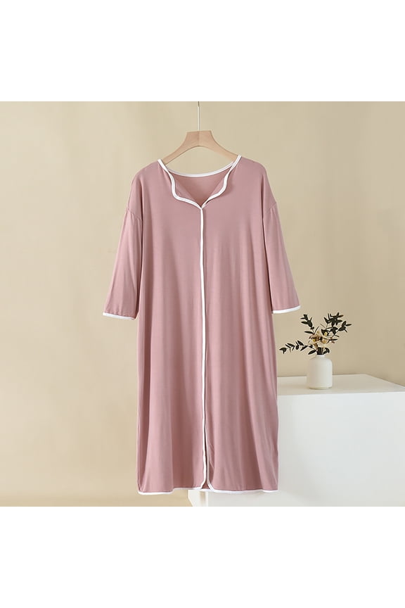 Womens Sleep Shirts Plus Size Nightgowns Sleepshirts Cotton Nightgowns Night Shirts 3/4 Sleeve V-Neck Pink Below-the-Knee Ladies Nightgowns,L