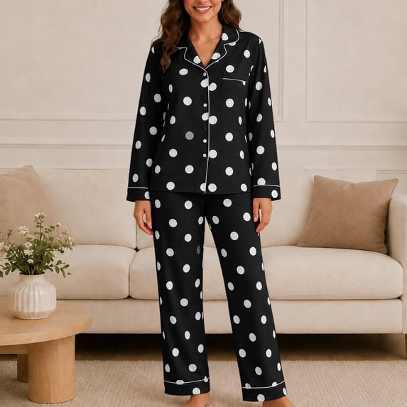 Blmnix Womens Sleepwear Bamboo Pajamas Button Up Pajamas Sleepwear Sets Sleepwear Straight-Leg Collared Long Sleeve Black Full Fall Pajamas Women,L