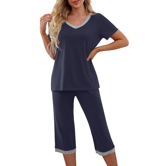Blmnix Womens Sleepwear Sleepwear Sets Bamboo Pajamas Plus Size Pajamas Short Pajama V-Neck Blue Short Sleeve 7/8th Womens Pajama Sets Shorts,L