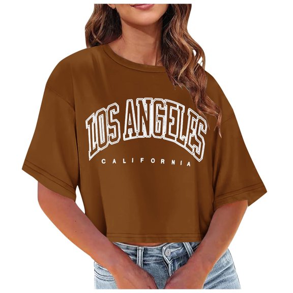 Blmnix Womens Tops Brown Spring Short Sleeve Crew Neck Casual Letter Los Angeles Crop Tops for Girl Fall