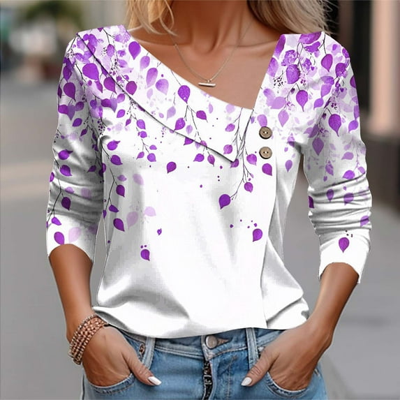 Blmnix Womens Tops Plus Size Botanical Cuffed Womens Blouses Plus Size V-Neck Long Sleeve Tops