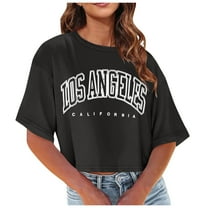 Blmnix Womens Tops Short Sleeve Black Fall Crop Casual Los Angeles Letter Crew Neck Tops for Lady Trendy