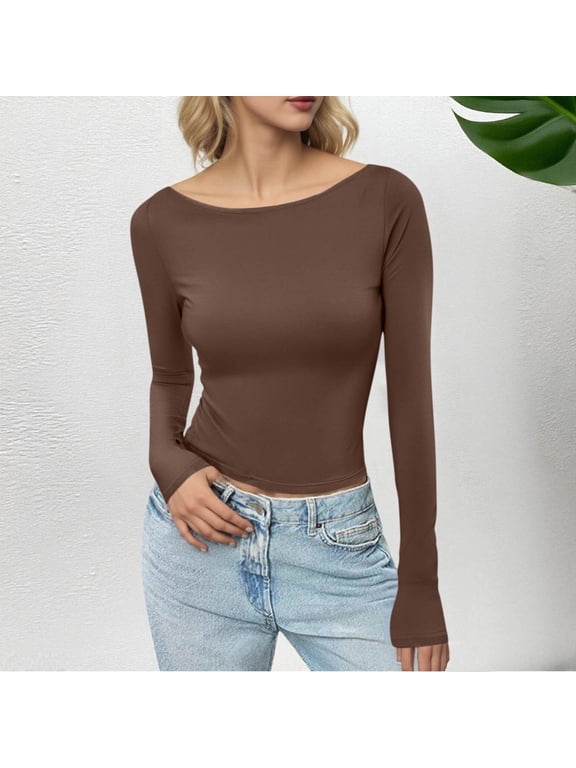 Womens Tops Summer 2026 Cotton Compression Pullover T Shirts Long Sleeve Brown Boat Neck Cold Shoulder Tops,XS