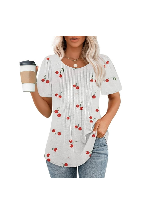 Blmnix Womens Tops White Trendy Short Sleeve Tunic Casual Vacation Crew Neck Cherry Tops for Lady 2024