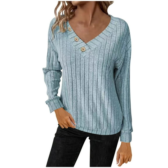 Blmnix Womens Work Tops V-Neck Light Blue Textured Graphic Tees Y2k Long Sleeve Ornamental Buckle Tops