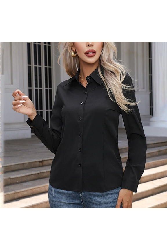 Blmnix Work Casual Tops for Women Black Long Sleeve Button Down Solid V-Neck Blouse Juniors Blouses Going Out